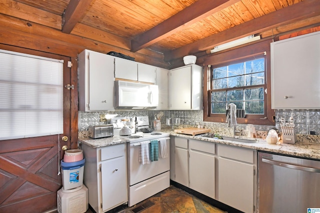 kitchen featuring a sink, white appliances, tasteful backsplash, and beam ceiling