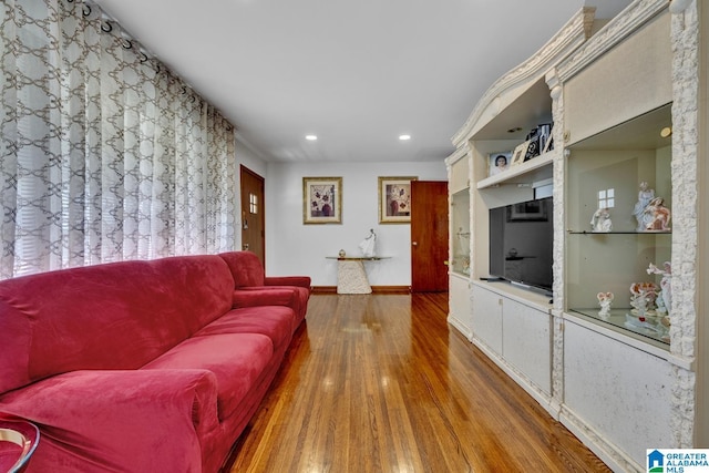 living room featuring baseboards, wood finished floors, and recessed lighting