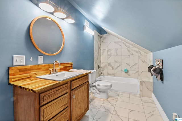 bathroom featuring marble finish floor, shower / bathtub combination, lofted ceiling, toilet, and vanity