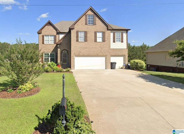 traditional-style home with a garage, brick siding, central AC unit, concrete driveway, and a front yard