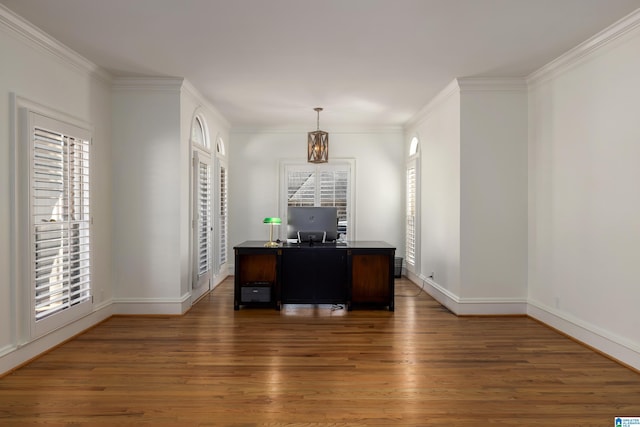 home office featuring ornamental molding, dark wood finished floors, and baseboards