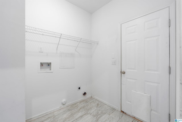 clothes washing area featuring marble finish floor, hookup for a washing machine, electric dryer hookup, laundry area, and baseboards