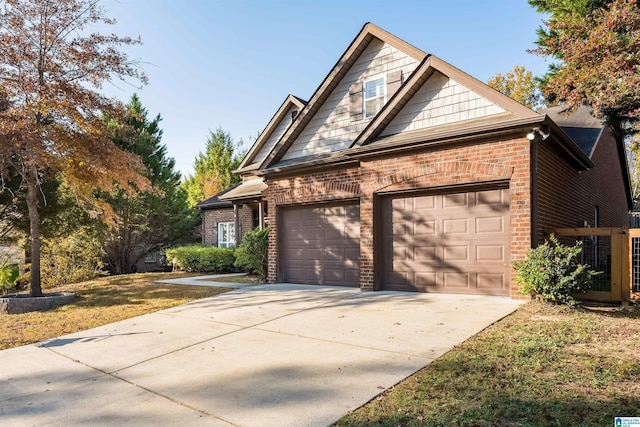 view of front of property featuring an attached garage, central air condition unit, driveway, and brick siding