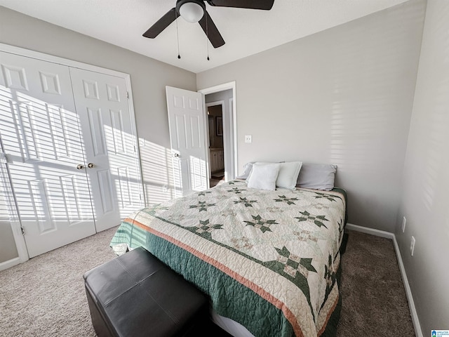 bedroom with carpet, a closet, ceiling fan, and baseboards