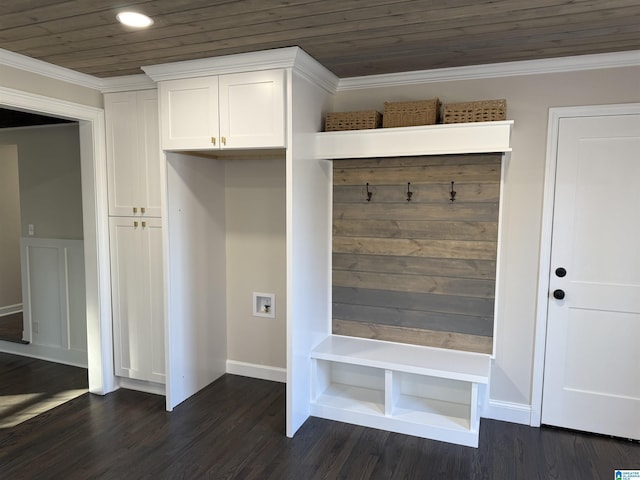 mudroom featuring baseboards, wood ceiling, dark wood-type flooring, crown molding, and recessed lighting