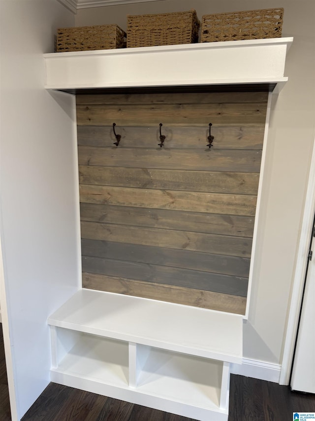 mudroom with dark wood-style flooring