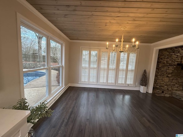 unfurnished dining area with dark wood-style floors, a notable chandelier, ornamental molding, wood ceiling, and baseboards