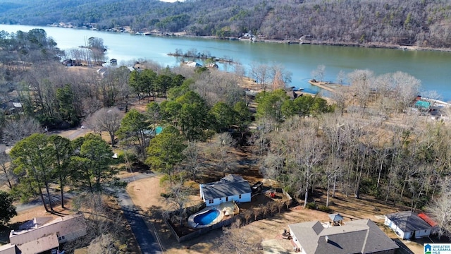 birds eye view of property featuring a water view and a forest view