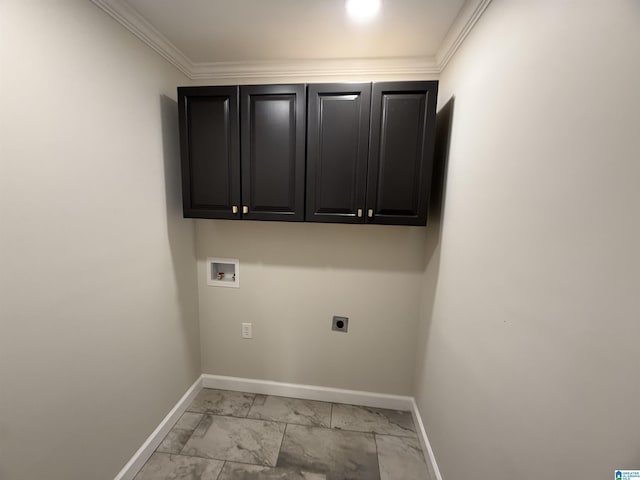 laundry room featuring marble finish floor, crown molding, hookup for a washing machine, electric dryer hookup, and baseboards