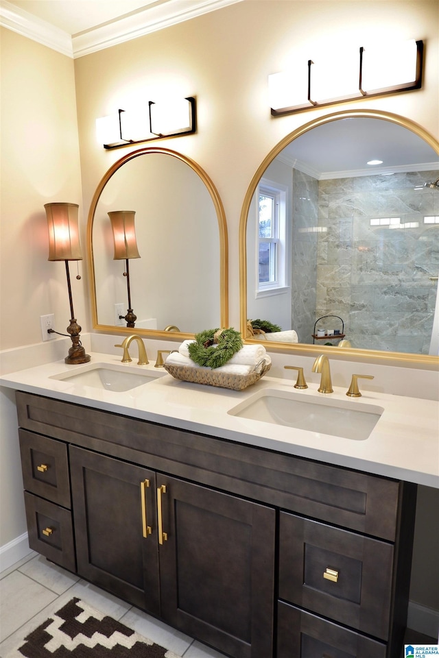 full bathroom with crown molding, tile patterned floors, a sink, and double vanity