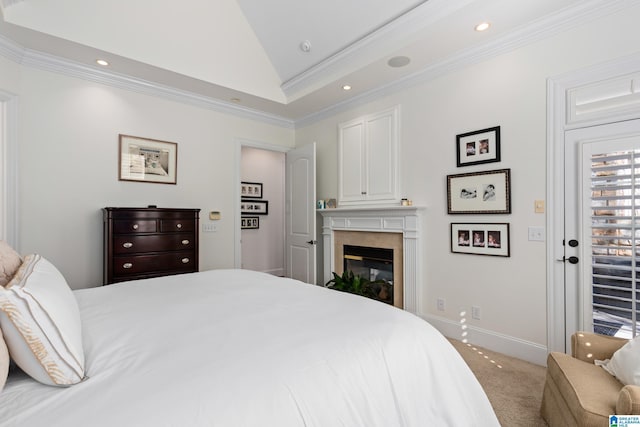 carpeted bedroom with ornamental molding, lofted ceiling, baseboards, and recessed lighting