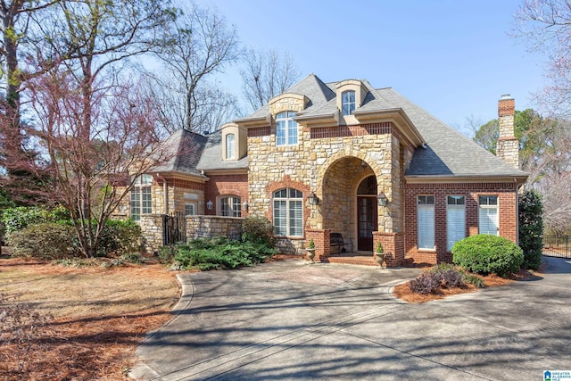 french country inspired facade featuring stone siding, brick siding, and driveway