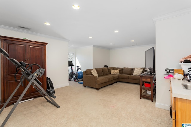 living area with recessed lighting, light carpet, crown molding, and visible vents