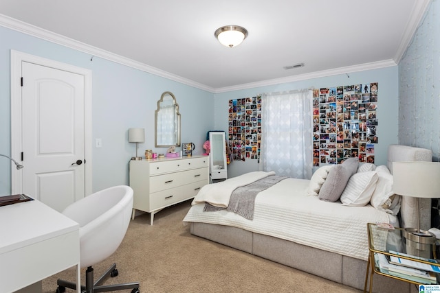 bedroom featuring carpet floors, ornamental molding, and visible vents