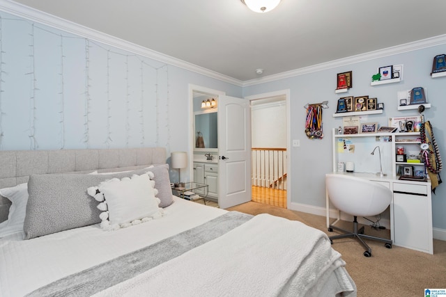 bedroom featuring light colored carpet, crown molding, and baseboards