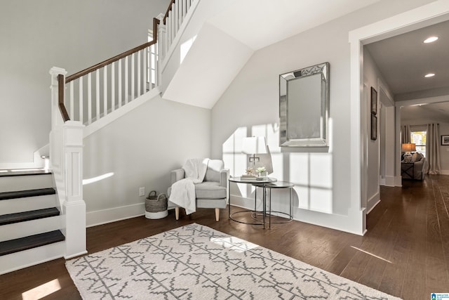 interior space featuring stairway, recessed lighting, dark wood finished floors, and baseboards