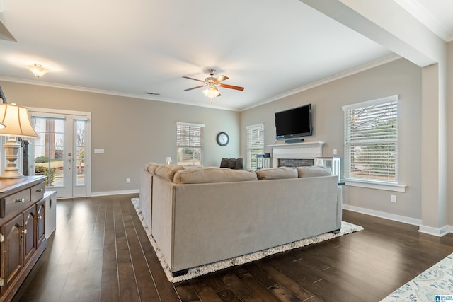 living area featuring plenty of natural light and dark wood-style flooring