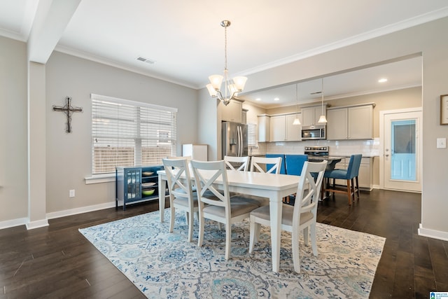 dining area with ornamental molding, visible vents, dark wood finished floors, and baseboards