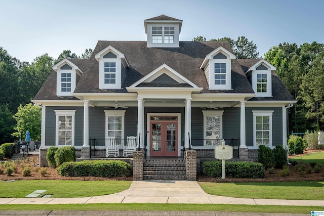 view of front of home with a shingled roof, french doors, covered porch, and a front lawn