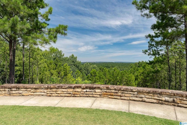 exterior space featuring a wooded view