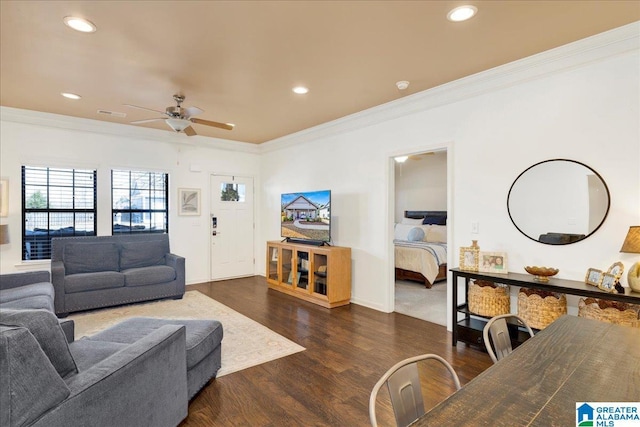 living room featuring crown molding, recessed lighting, dark wood finished floors, and ceiling fan