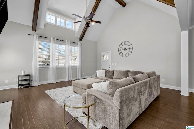 living area featuring high vaulted ceiling, dark wood finished floors, beam ceiling, and baseboards