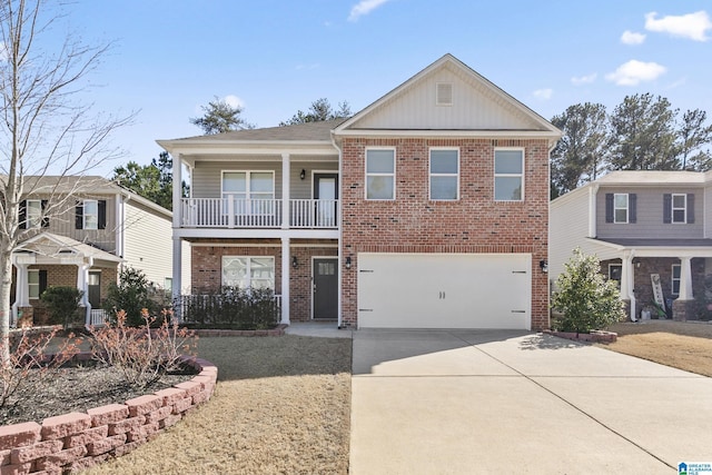 view of front of home featuring a garage, concrete driveway, brick siding, and a balcony