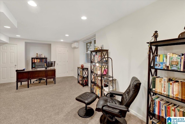 office area with baseboards, an AC wall unit, recessed lighting, and light colored carpet