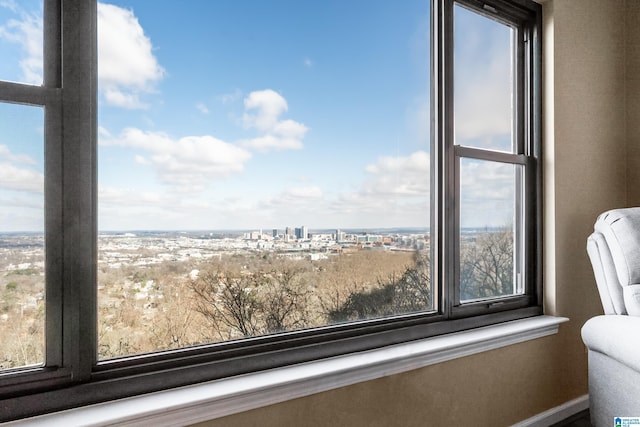 interior space with a city view