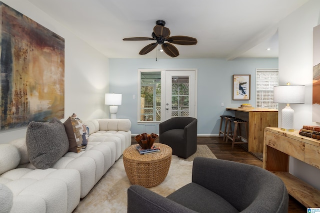 living area featuring baseboards, ceiling fan, wood finished floors, french doors, and recessed lighting