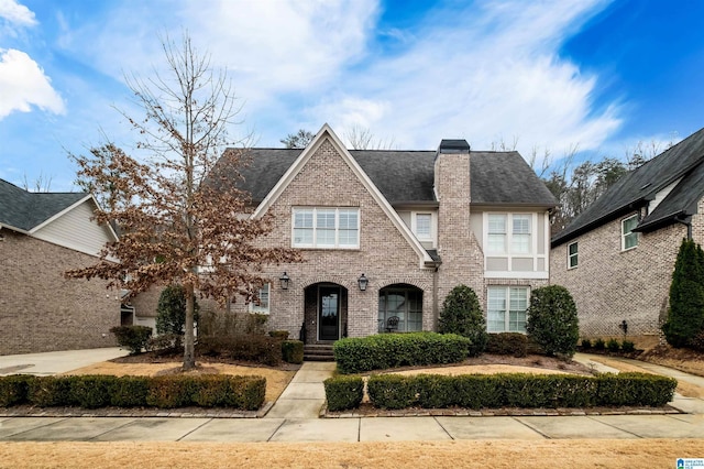 english style home with roof with shingles, a chimney, and brick siding