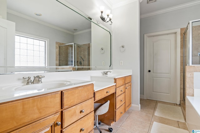 full bath featuring crown molding, double vanity, a stall shower, a sink, and tile patterned flooring