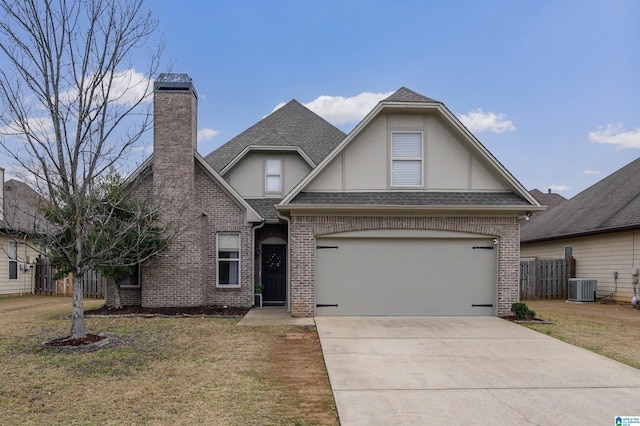 view of front of property featuring a shingled roof, concrete driveway, a front lawn, central AC, and brick siding