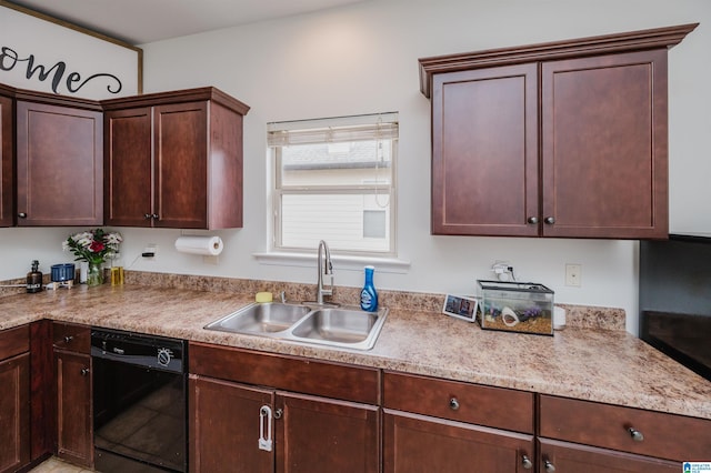 kitchen featuring dark brown cabinetry, black dishwasher, light countertops, and a sink