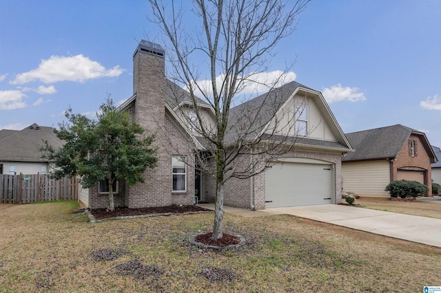 view of front of property featuring concrete driveway, brick siding, a front yard, and fence