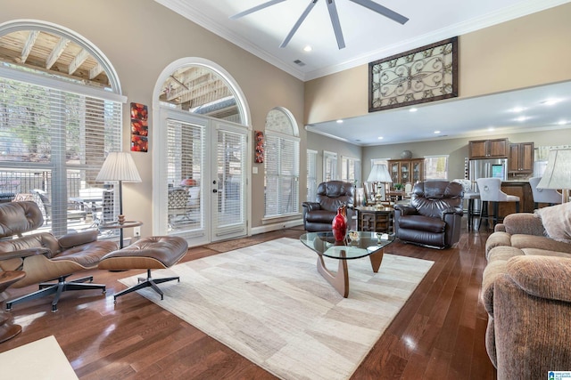 living room with crown molding, a high ceiling, dark wood-type flooring, and french doors