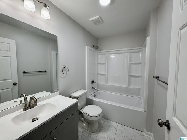 full bath with visible vents, toilet,  shower combination, marble finish floor, and vanity