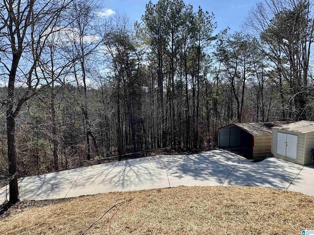 view of yard featuring a carport and an outbuilding