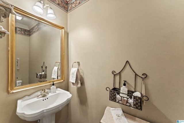 bathroom with crown molding, a sink, and toilet