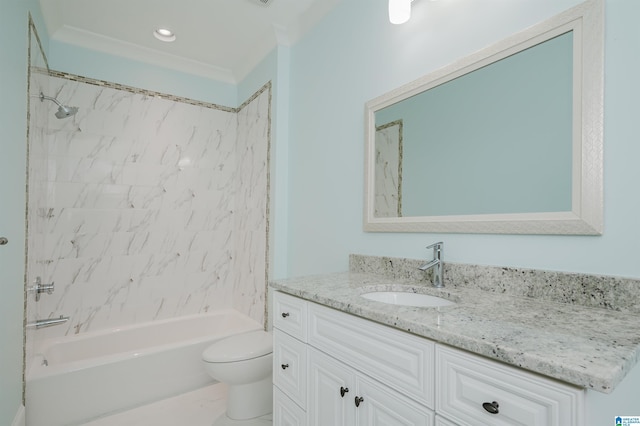 bathroom with toilet,  shower combination, vanity, and recessed lighting