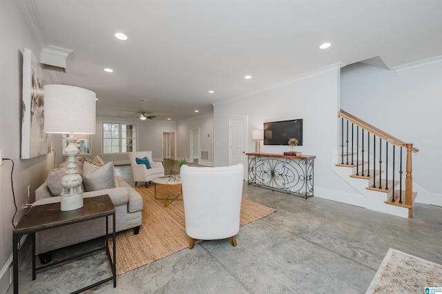 living area featuring baseboards, ornamental molding, stairs, concrete flooring, and recessed lighting