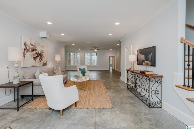 living room featuring stairs, finished concrete floors, ornamental molding, and baseboards