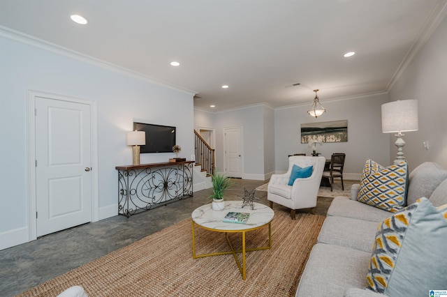 living area with baseboards, concrete floors, stairway, and recessed lighting