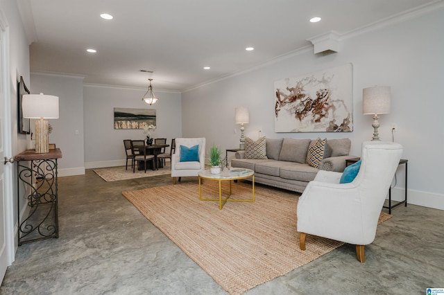 living room with finished concrete floors, baseboards, crown molding, and recessed lighting