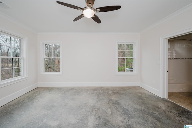 unfurnished bedroom featuring visible vents, crown molding, baseboards, and unfinished concrete floors