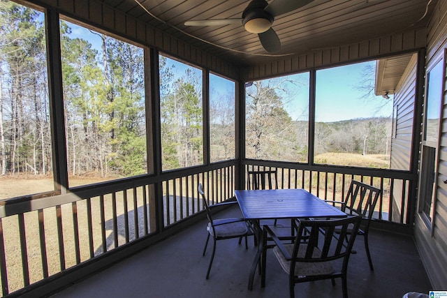 sunroom with ceiling fan and wood ceiling