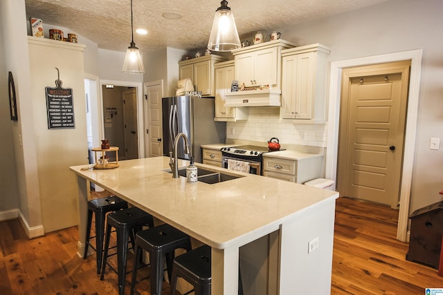 kitchen featuring hanging light fixtures, a kitchen island with sink, appliances with stainless steel finishes, and a sink