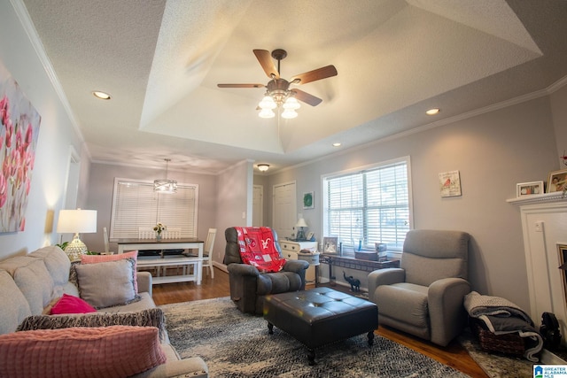 living area featuring a textured ceiling, ornamental molding, a raised ceiling, and dark wood-style flooring