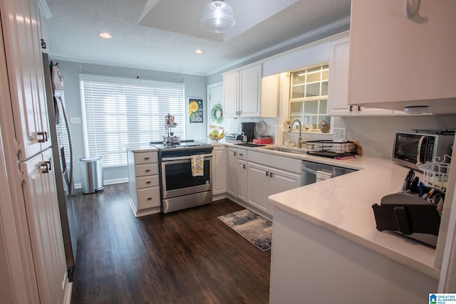 kitchen with dark wood finished floors, white cabinets, a peninsula, stainless steel appliances, and a sink