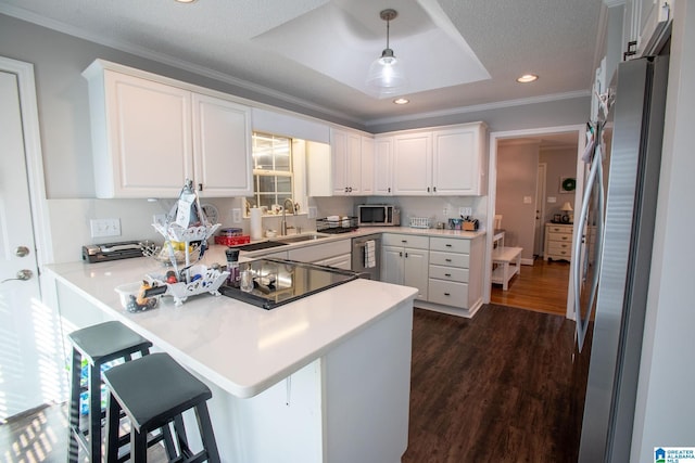 kitchen featuring appliances with stainless steel finishes, white cabinetry, hanging light fixtures, and a peninsula